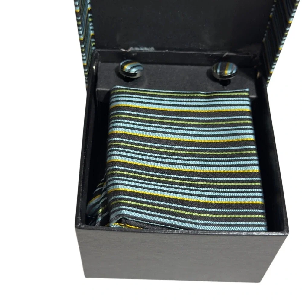 George Martin Blue & Black Striped‎ Tie & Cuff Link Set